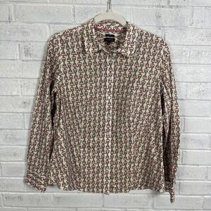 Talbots Non Iron Button Front Shirt Womens Size 10 Bridle Bit Print Equestrian